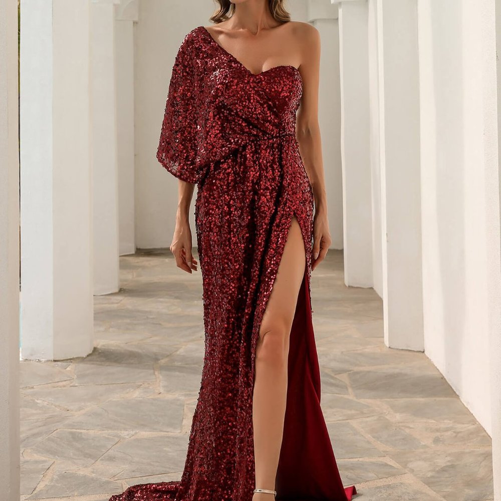 Sequin Dolman Sleeve One-Shoulder Split Dress - image 3